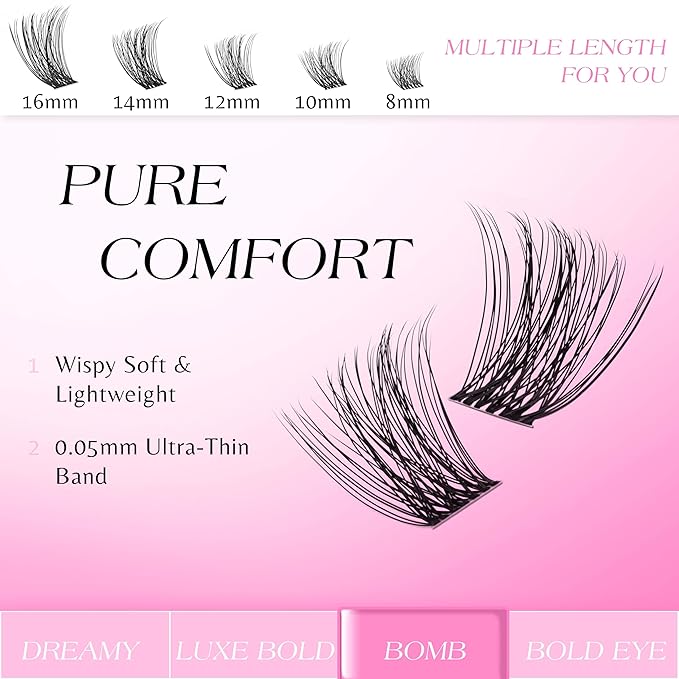 VEYESBEAUTY Lash Clusters Kit Individual Eyelash Extensions Thin & Invisible Band DIY False Eyelashes Newbie's Five-Second Series Wispy Lash Tray, Bomb KIT with Bond&Seal Remover Applicator