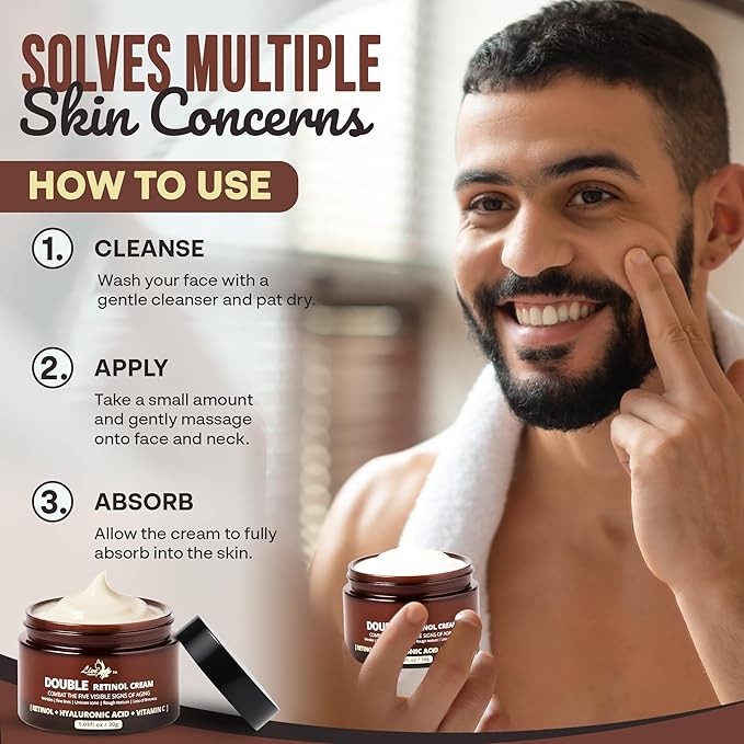 Men’s Double Retinol Face Cream – Reduces Wrinkles, Anti-Aging Moisturizer | Collagen + Hyaluronic Acid + Vitamin E | Fine Lines & Improves Firmness | Eye Bags & Dark Spot Remover | 30g