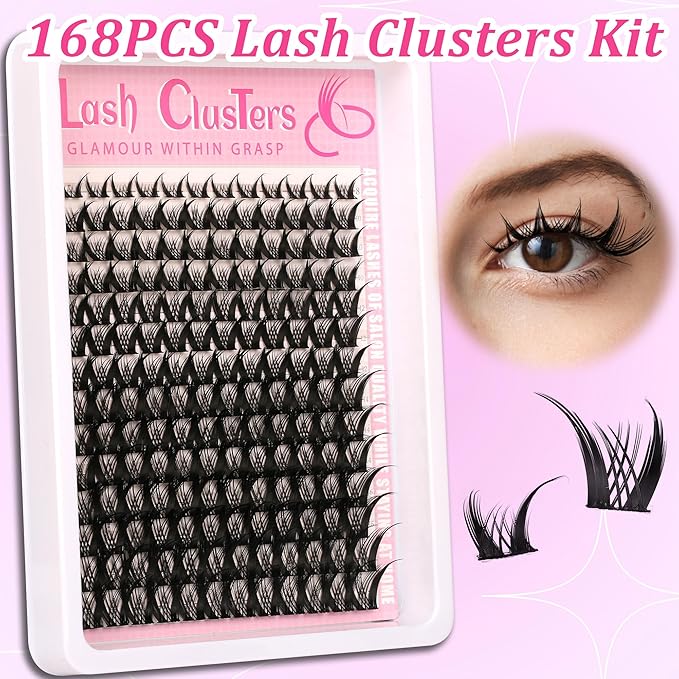 Lash Clusters Kit Manga 8-16mm Light-Volume Natural Wispy Eyelash Clusters C/D Curl Eyelash Extension Kit Spiky Cat Eye Individual Lash Eyelash Clusters with 0.05mm Ultra-Thin Black Band