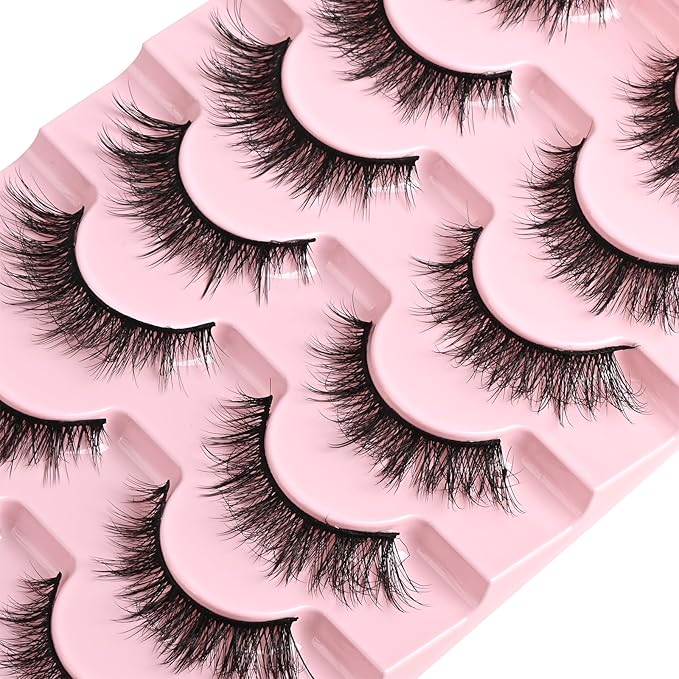 FARRED False Eyelashes Natural Wispy Lashes Short Cat Eye Strip Lash 7 Pairs Thin Band Cateye Fake Eyelash Medium Length Volume Pestañas Set for Hooded Eyes (A16 | 7-14MM)