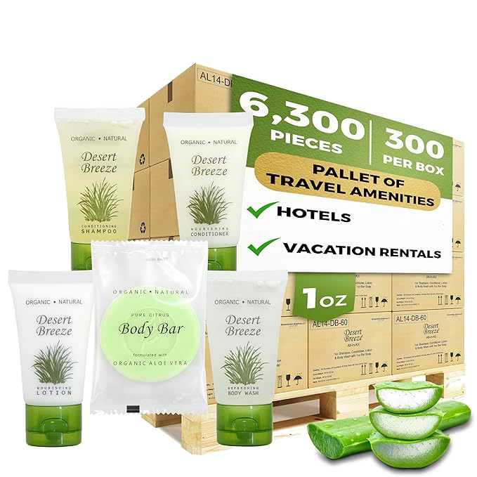 Desert Breeze Hotel Soaps and Toiletries Bulk Set | 1oz Hotel Shampoo & Conditioner, Body Wash, Body Lotion & Bar Soap | Half Pallet 21 cases with 300 units each - 6,300 pieces