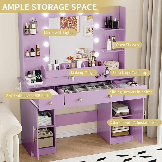 Vanity Desk with Mirror and Lights, 43'' Makeup Dressing Table Set with 5 Drawers & Power Outlet, 3 Lighting Modes Brightness Adjustable, Vanity with RGB Ambient Light for Women Girls Bedroom, Purple