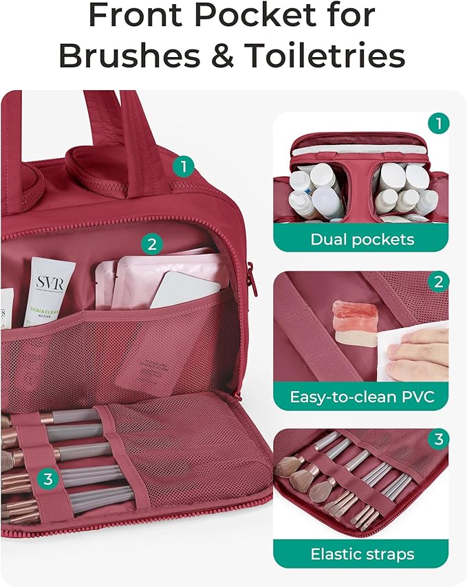 BAGSMART Travel Toiletry Bag, Puffy Toiletry Bag for Women, Wide-open toiletry bags for traveling, Large Travel Cosmetic Makeup Bag Organizer for Accessories,Toiletrie (Vintage Berry)