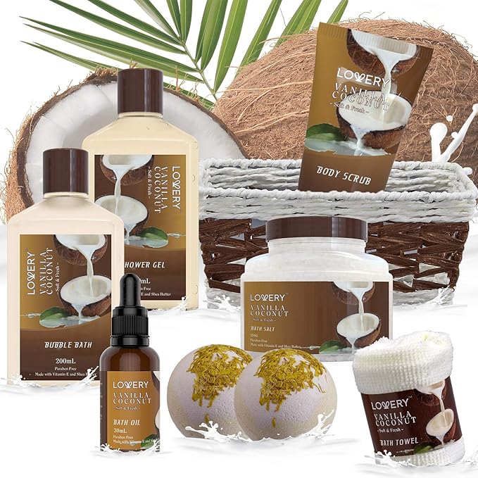 Gifts For Women Gift Basket for Women– 9 Piece Set of Vanilla Coconut Home Spa Set, Luxurious Valentines Day Gifts for Her, Bath and Body Sets Includes Fragrant Lotions, Large Bath Bombs, Coconut Oil