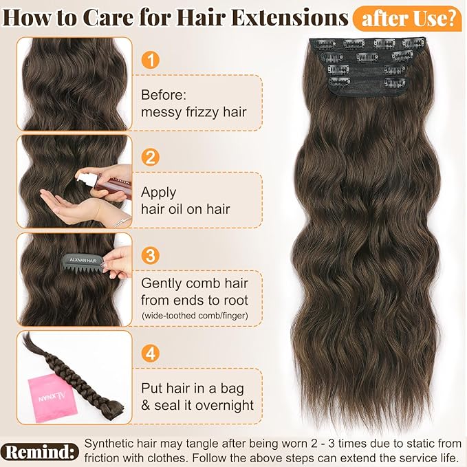 ALXNAN Clip in Hair Extensions for Women,Chocolate Brown with Dark Brown Long Wavy Hair Extensions Clip Ins 4PCS 24 Inch Synthetic Soft and Natural Thick Hair Pieces for Women