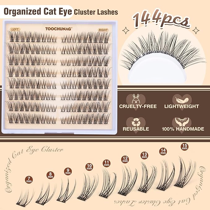 Cat Eye Lash Extension Kit Natural DIY Eyelash Extension Kit Wispy Lash Clusters Kit Individual Lashes with Lash Bond and Seal and Eyelash Clusters Tweezers by TOOCHUNAG