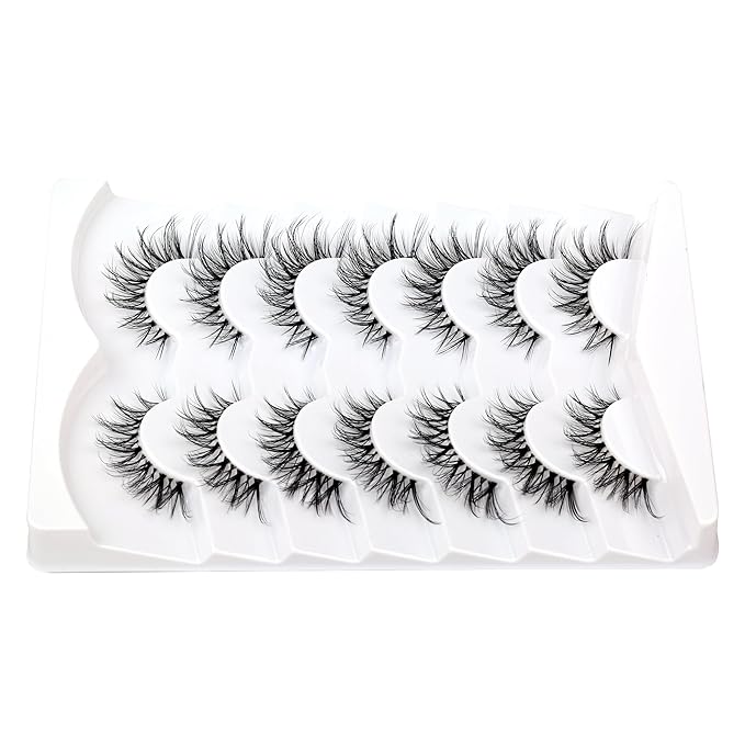 Pooplunch False Eyelashes Cat-Eye Look Wispy Lashes Fairy Fluttery Volume Natural 8D Crossed Fake Eyelashes Faux Mink Lashes Strips 7 Pairs