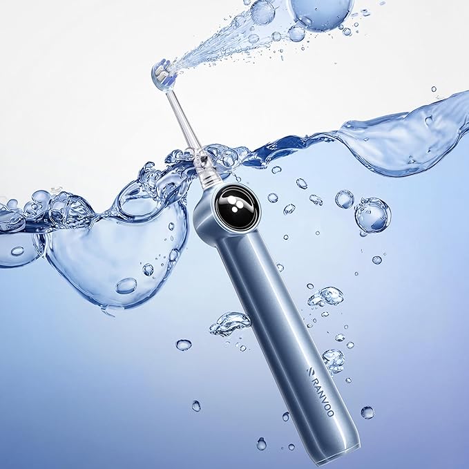 RANVOO AirBlast [Next-Gen Jet-Flow | Maximum Clean Power] AI Sonic Electric Toothbrush, 100% Plaque Removal, Whitening & Gum Care, 60-Day Battery Life, Rechargeable with 3 Pro Brush Heads, Light Blue