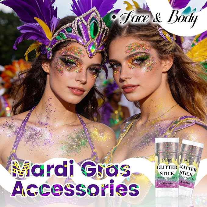 DAGEDA Mardi Gras Gold Body Glitter Stick, Sparkly Face Glitter Makeup, Shimmer Face Paint Stick for Mardi Gras Accessories, Holographic Gold Purple Green Glitters Carnival Outfits for Women