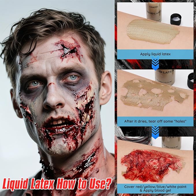 Halloween Zombie SFX Makeup Kit, Complete Zombie Makeup Set Include 5 Colors Face Paint, Scar Wax, Setting Powder, Fake Blood & Liquid Latex for Cosplay Stage Realistic Special Effects Makeup