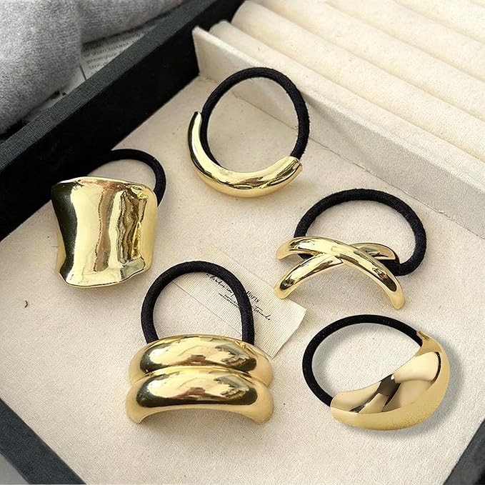 5Pcs Gold Hair Ties,5 Styles Gold Hair Accessories for Women and Girls Elegant Chic Metal Hair Cuff Non-Damage Ponytail Cuffs Holders for Thick Hair for Holidays and Christmas Gifts