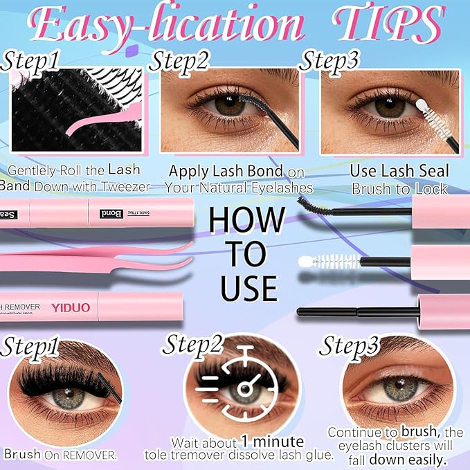 575Pcs Lashes Clusters Kit with Glue and Removers, D Curl Volume 150D+200D Thick+Spiky Lashes Extension, 12-21mm Thick Extension Eyelashes DIY Individual False Eyelash Kit DIY at Home Easily