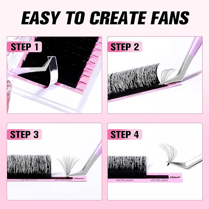 VEYES INC Cashmere Smart Fan Lash Extensions 0.03 0.05 0.07 C/CC/D Curl 8-20mm Mixed & Single Length, Super Matte Black Volume Lashes, Professional Supplies for Lash Techs (0.03 C 8mm)