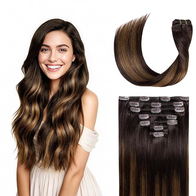 Clip in Hair Extensions Real Human Hair, Silky Remy Hair Extensions Clip Ins, Salon Quality Straight Human Hair for Women, Dark Brown to Chestnut Brown #2TP6/2 22Inch 120G 7PCS