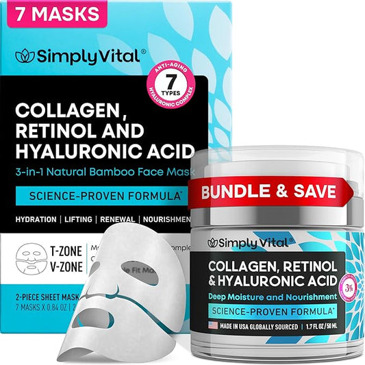 SimplyVital Collagen Cream & Collagen Face Mask Bundle – Anti-Aging Moisturizer for Face, Neck & Décolleté - Bamboo Sheet Mask for Hydration & Skin Care - Retinol, Collagen & Hyaluronic Acid