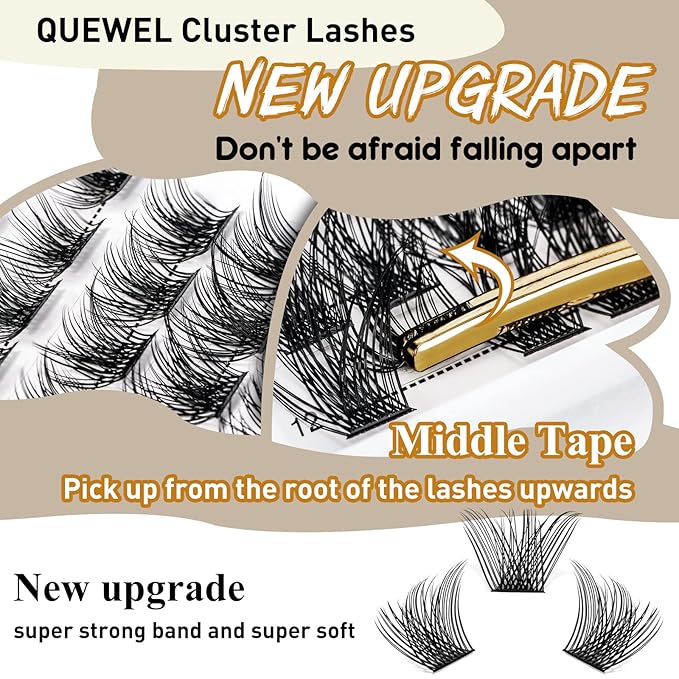 QUEWEL Cluster Lashes 72 Pcs Wide Stem Individual Lashes C/D Curl 8-16mm Length DIY Eyelash Extension False Eyelashes Natural&Mega Styles Soft for Personal Makeup Use at Home (Natural-C-MIX8-16)