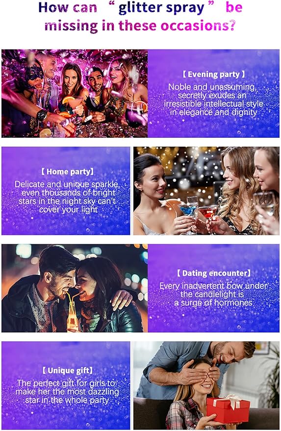 2 Pcs Body Glitter Spray, Perfect Long-Lasting Shiny Hair and Clothes Glitter Spray for Stage Makeup, Festival, Rave Prom.