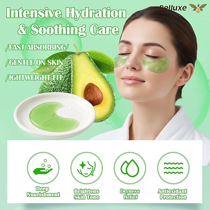 Belluxe 2 Pack Avocado Eye Mask – 60 Pairs, 120pcs | Nourishing & Moisturizing Eye Gel Patches for Dry Skin & Wrinkles, Hydrating Under Eye Mask for Collagen Boost