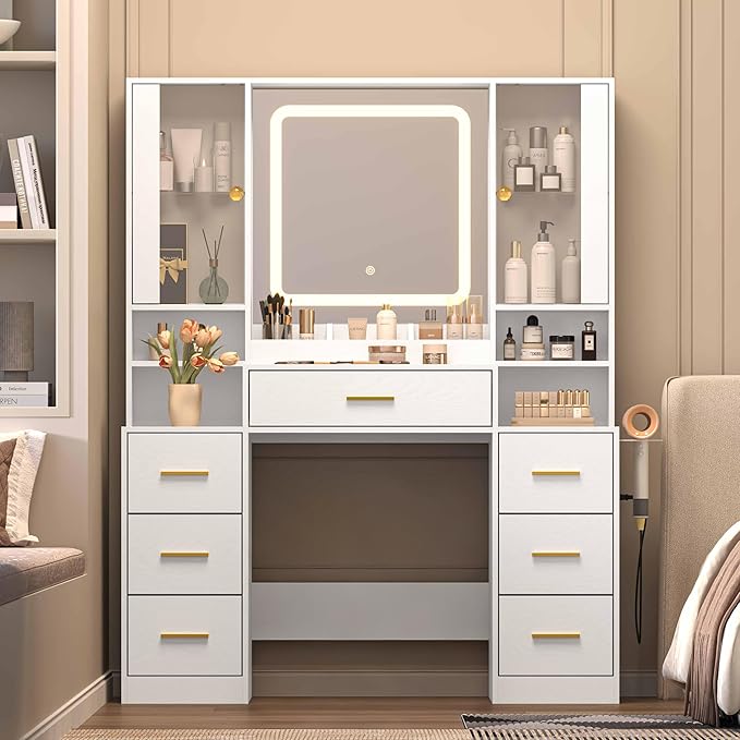 White Makeup Vanity Desk with Mirror & Lights, Modern Vanity Table with Charging Station, 7 Drawers, Glass Cabinet, Adjustable Shelves, Bedroom Dressing Table Set for Women & Girls
