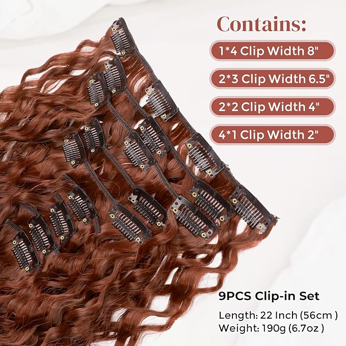 Hair Extension, LONAI 9PCS Clip in Hair Extensions, LN002 22" Long Curly Thick Heat Resistant Synthetic Soft Deep Wave Hairpieces for Women-Copper Red