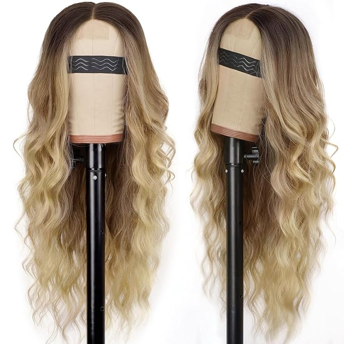 AISI HAIR Blonde Wig for Women, Long Wavy Lace Hairline Blond Synthetic Middle Part Ombre Blonde Wigs for Daily Party-26 Inch