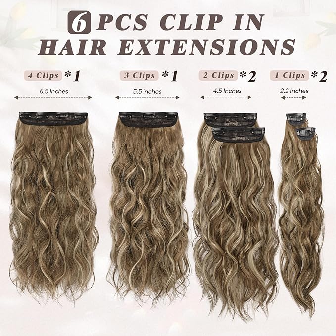 BARSDAR Clip in Hair Extensions for Women - 6PCs Long Wavy Highlight Balayage Hair Extensions - 20 Inch Full Head Thick Soft Synthetic Clip in Hairpieces Daily - Ash Brown & Blonde