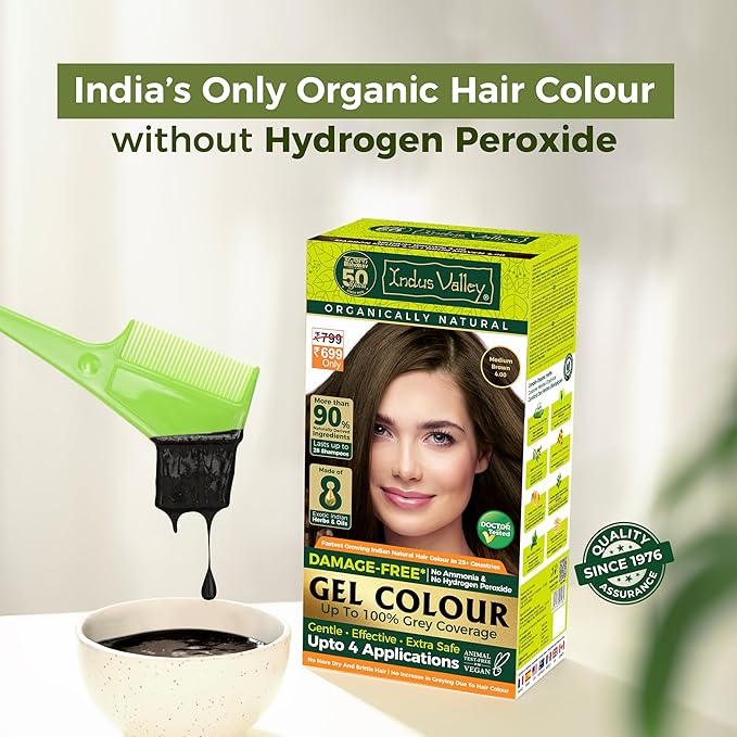 Indus Valley Natural Organic Damage Free Gel Hair Color | Ammonia Free, Vegan & Cruelty Free | Up to 100% Gray Coverage, Long Lasting Results |Medium Brown 4.0 (20gram+200ml)