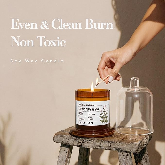 Hidden Label Eucalyptus & Alpine Sage Scented Candle - 10oz Non Toxic Candles for Home Scented with Clear Bell Jar, Natural Soy Wax Aromatherapy Candle for Spa/Yoga/Meditation & Stress Relief Gifts