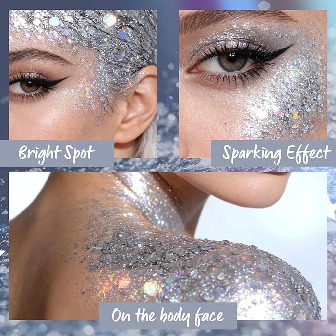 Silvery Body Glitter Gel, Roll-on Holographic Body Glitter for Face Body Hair, Chameleon Color Changing Glitter Gel for Rave Party Mermaid Sequins Festival Accessories Shimmer Makeup #2