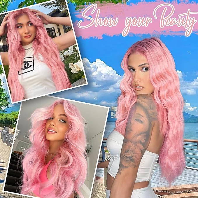 AISI HAIR Pink Wig for Women, Long Wavy Lace Hairline Middle Part Synthetic Wig for Daily Party-26 Inch