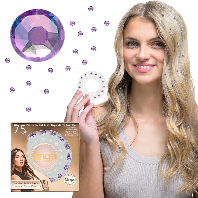 blinger® Shimmer Crystal Refill Pack | 5 Discs - 75 Precision-Cut Glass Crystals | Styling Tool not included | Fairy Lavender 4 mm