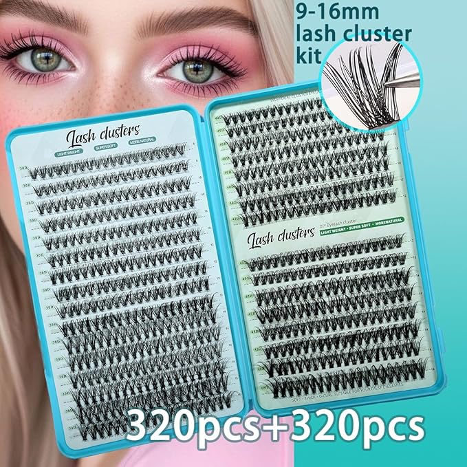 Wispy Lash Clusters 640pcs Eyelash Cluster Extensions 30D+40D Curl Individual False Eyelashes 9-16mm Natural Fluffy Mink Lash Clusters Extension Kit