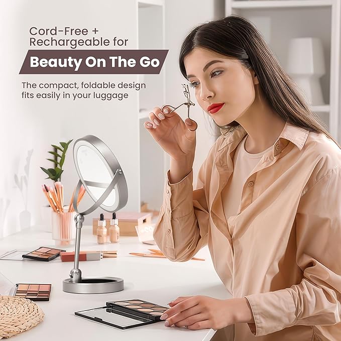 Smart 9" LED Light Makeup Mirror, Rechargeable, 1X/10X Magnifying Vanity Mirror with 3 Color Lights, Height Adjustable, Large Tall 360° Swivel Double Sided Standing Travel Mirror (Chrome)