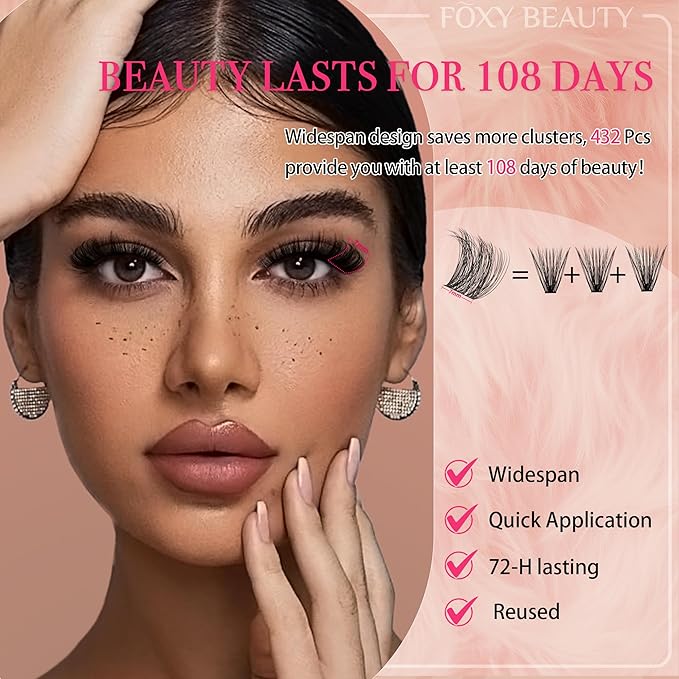 Foxy Beauty Lash Clusters Kit - 432Pcs Fluffy Eyelash Extension Kit 12-20mm D Curl Clusters Soft Comfortable With Bond Seal Remover Applicator