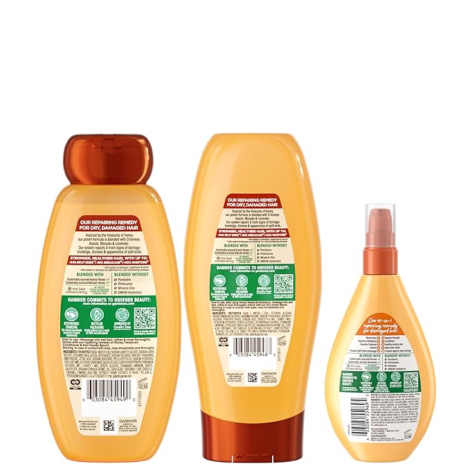 Garnier Whole Blends Honey Treasures Repairing Shampoo, Conditioner + Miracle Nectar Leave-In Set for Dry, Damaged Hair (3 Items), 1 Kit (Packaging May Vary)