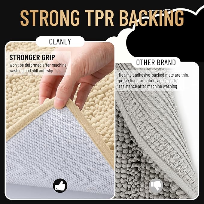 OLANLY Thick Toilet Rugs U-Shaped 24x20, Extra Soft Absorbent Chenille Striped Contour Bathroom Rugs for Toilet, Dry Quickly, Machine Washable, Non-Slip Bath Mat, Beige