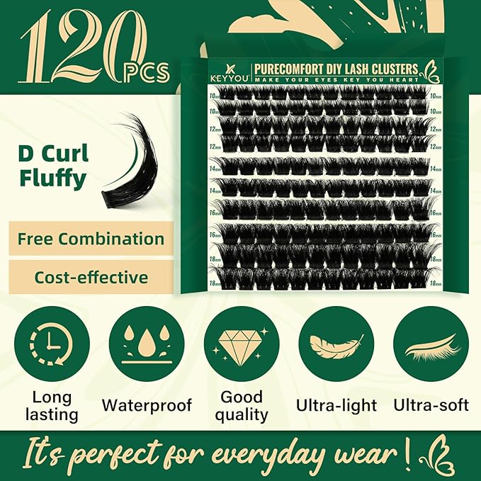 KEYYOU Lash Clusters 120pcs Eyelash Clusters 10-18mix D Curl Cluster Lashes Thick Super Soft Wispy DIY Eyelash Extension at Home(PC03-D-10-18MIX)