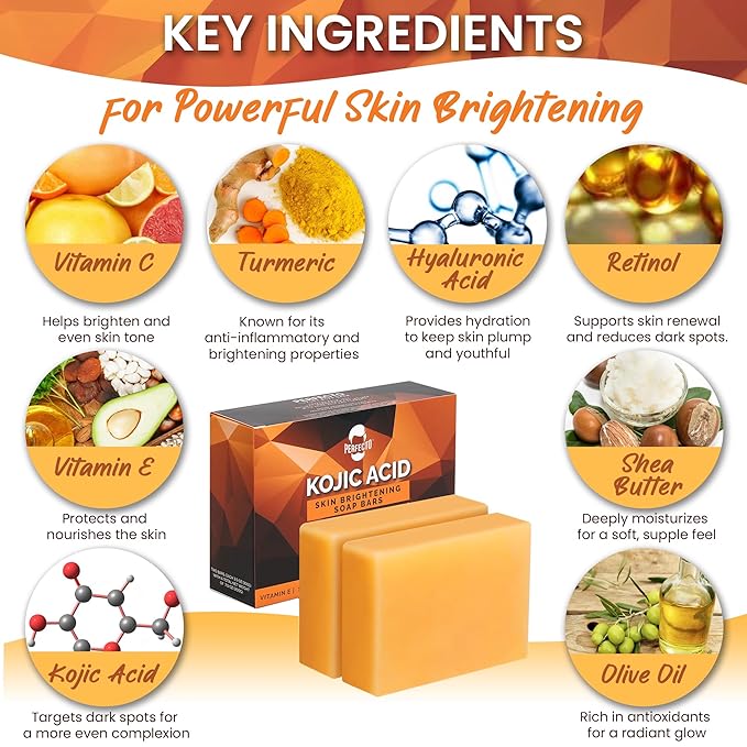 Perfecto Kojic Acid Soap Bar for Hyperpigmentation - All-Natural Kojic Acid Turmeric Bars - Can Reduce Dark Spots - Skin Soap with Vitamin C, Retinol, Collagen -100g x 2 Bars