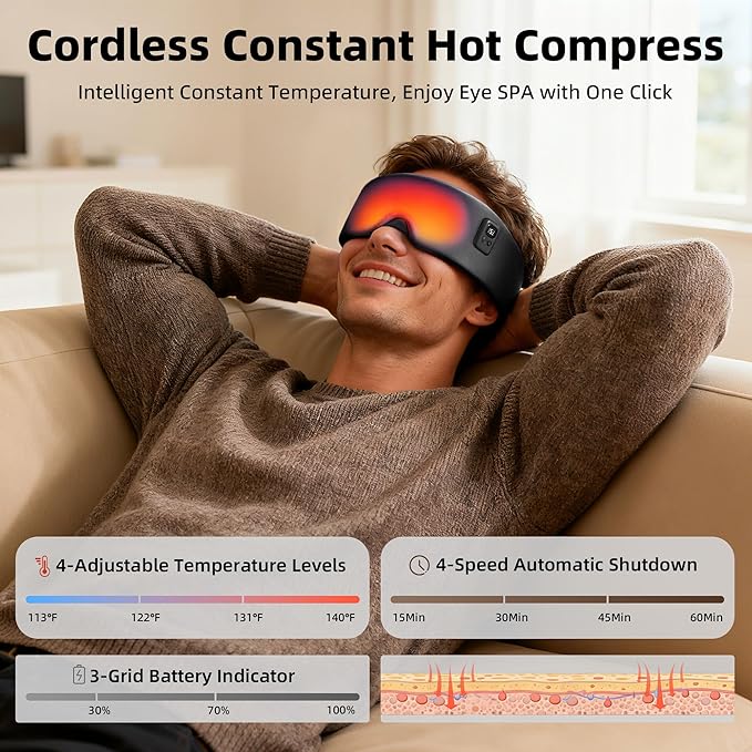 Heated Eye Mask for Dry Eyes, Cordless Warm Eye Compress 120-Min Battery, FSA - HSA Eligible, Eye Strain Relief, Washable Silk Travel Eye Mask with Extra Cover for Better Sleep (Pink & Black)