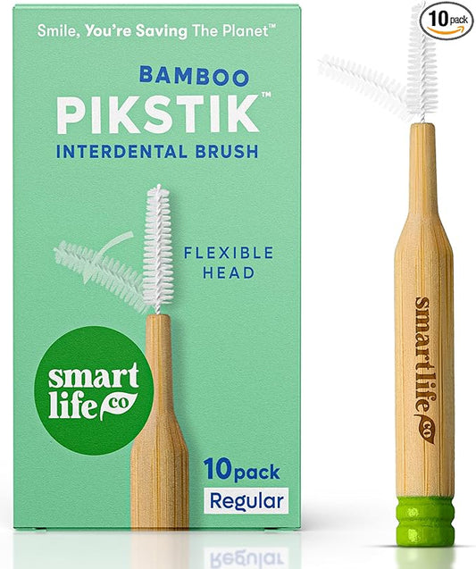 SmartLifeco Bamboo Interdental Brushes (10 Count) - Eco-Friendly Proxabrush, Reusable Dental Picks, Flexible Soft Bristles, Superior Gum & Teeth Cleaning, Toothpicks for Braces, PikStik - Regular