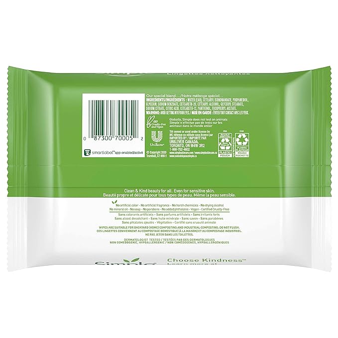 Simple Kind to Skin Facial Wipes Gentle and Effective Makeup Remover Cleansing Free from color and dye artificial perfume and harsh chemicals, 25 Count (Pack of 2)