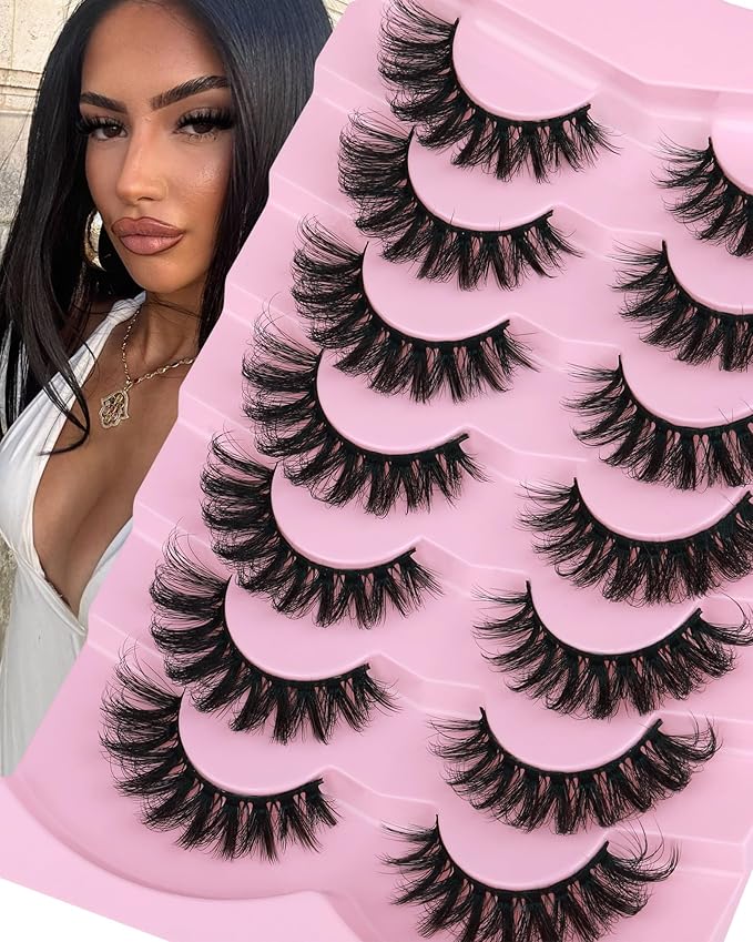 JIMIRE Mink Lashes Wispy Cat Eye Lashes Full 6D Volume False Eyelashes that Look Like Extensions 16MM Thick Soft D-Curly Fake Lashes 7 Pairs Pack