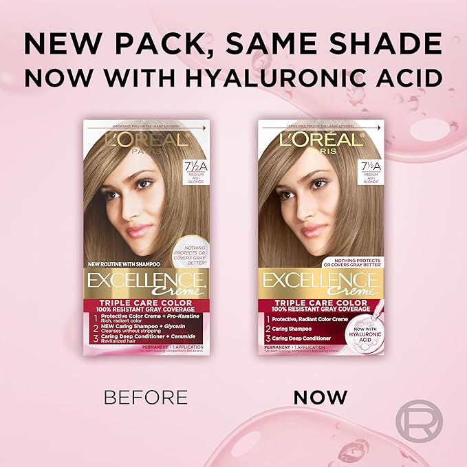 L'Oreal Paris Excellence Crème Permanent Hair Dye, Triple Care Hair Color with Hyaluronic Acid for 100% Gray Coverage, 7.5A Medium Ash Blonde, 1 Kit (Packaging May Vary)