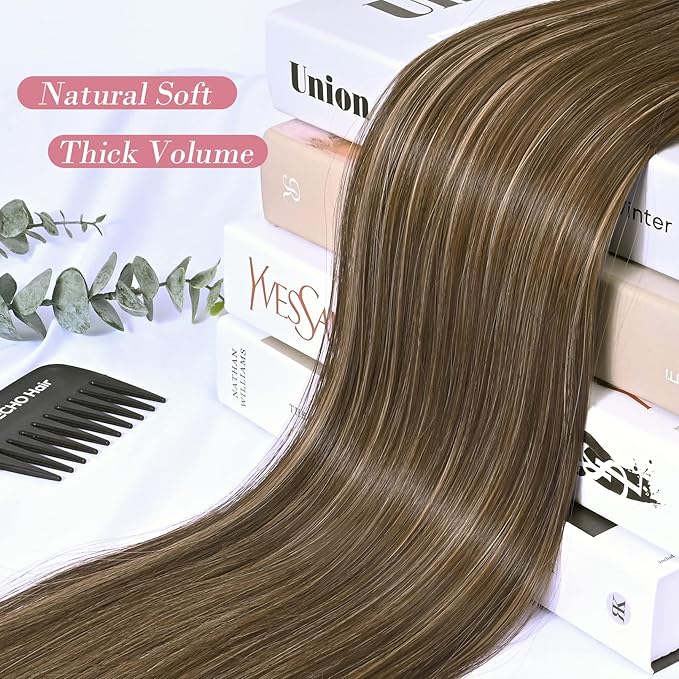 REECHO 24" Straight Long 4 PCS Set Thick Clip in on Hair Extensions Chocolate Brown with Blonde Highlights
