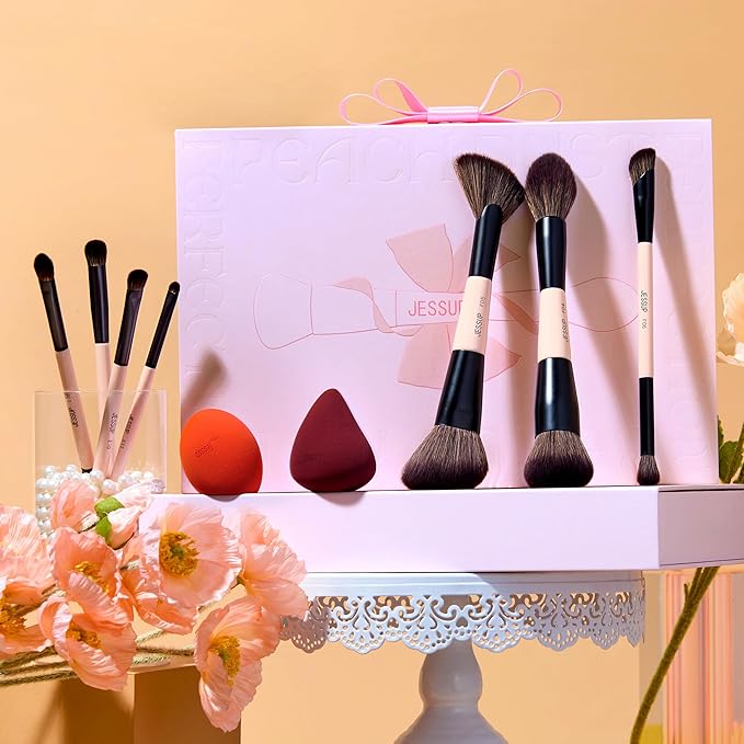 Jessup Makeup Brushes Set with Makeup Sponge, 7pcs Double Sided Makeup Brushes for Foundation Concealer Blush Eyeshadow Contour Bronzer Powder Blending Eyebrow Eyeliner with Gift Box, T506