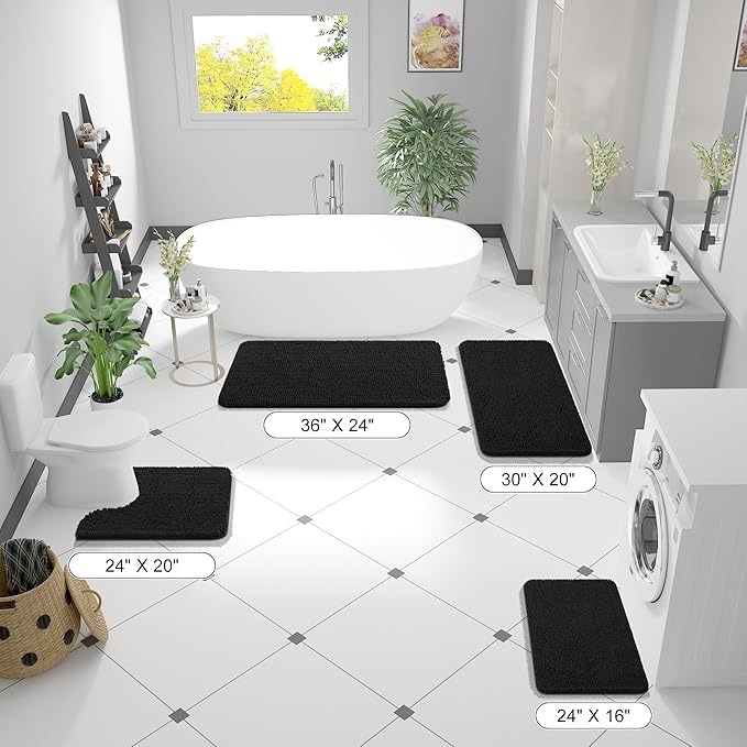 OLANLY Bathroom Rugs 36x24, Extra Soft Absorbent Chenille Bath Rugs, Rubber Backing Quick Dry, Machine Washable Bath Mats for Bathroom Floor, Tub and Shower, Home Decor Accessories, Black