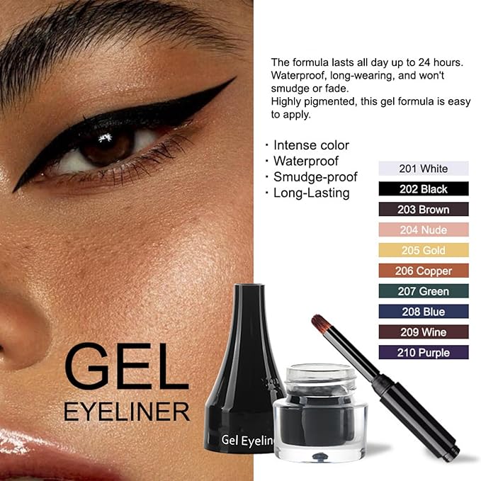 MAEPEOR Gel Eyeliner 10 Colors Smooth Cream Matte Eyeliner Gel Longlasting Waterproof and Smudgeproof High Pigment Eyeliner with Brush (01 White)