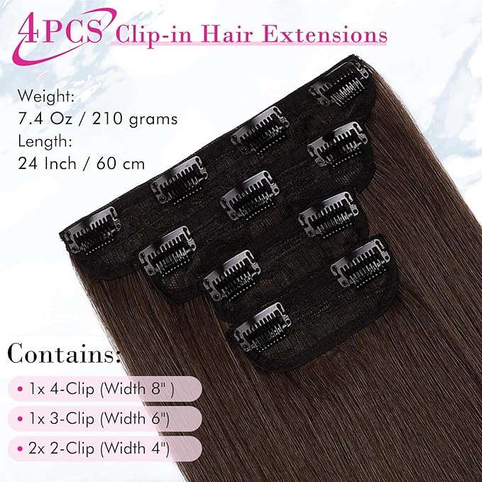 REECHO 24" Long Straight Thick Clip in on Hair Extensions 4 Pieces Set Chocolate Deep Brown