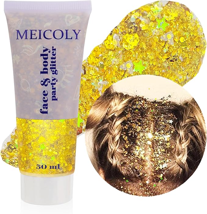 MEICOLY Gold Body Glitter,Yellow Face Glitter,Music Festival Singer Concert Outfits for Women,Holographic Hair Glitter Kids Makeup,Self-Adhesive Sparkle Face Body Glitter,Mardi Gras Accessories