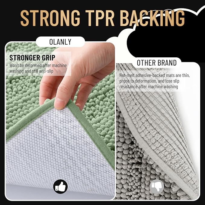 OLANLY Thick Bathroom Rugs 24x16, Extra Soft Absorbent Chenille Striped Bath Rugs, Rubber Backing, Machine Wash Dry, Bath Mats for Bathroom Floor, Tub and Shower, Home Decor Accessories, Sage Green